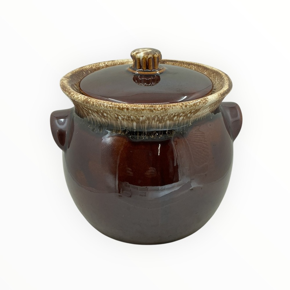 Hull Brown Drip Glaze Stoneware Bean Pot‎ Crock w Lid Vintage USA Oven Proof